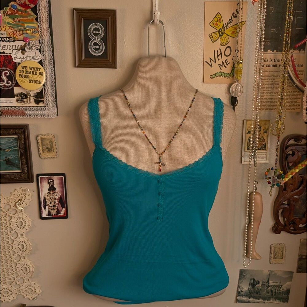 Lace Faux Henley Cami Tank Top Women's Small Bright Blue